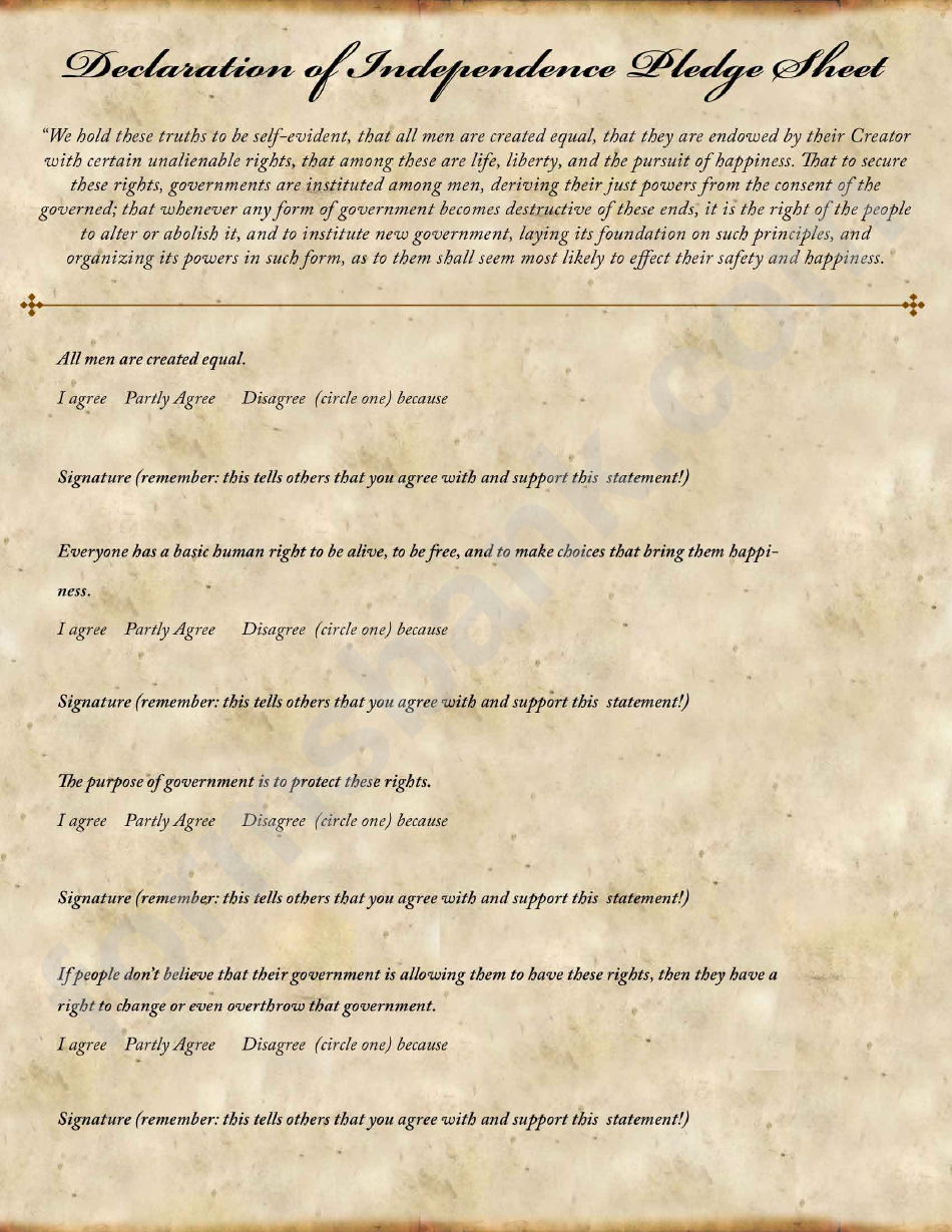 Declaration Of Independence Pledge Sheet