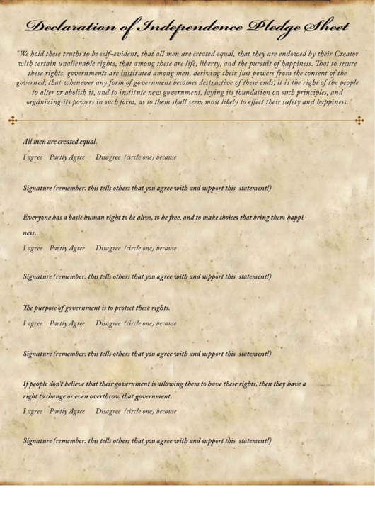 Declaration Of Independence Pledge Sheet Printable pdf