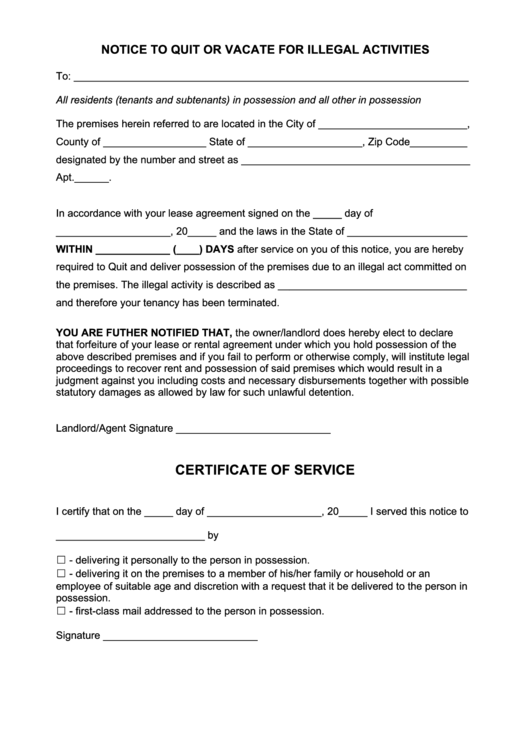 Notice To Quit Or Vacate For Illegal Activities Printable pdf