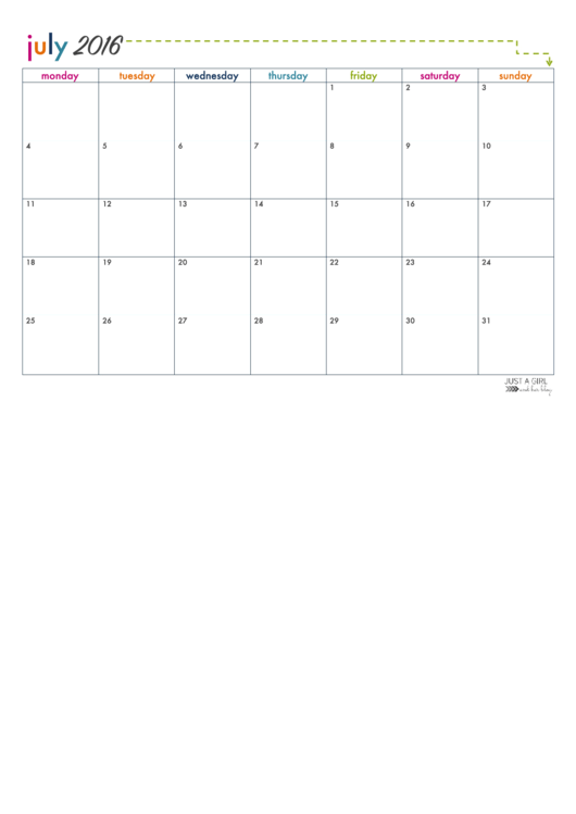 Blank July 2016-December 2017 Calendar Template Printable pdf