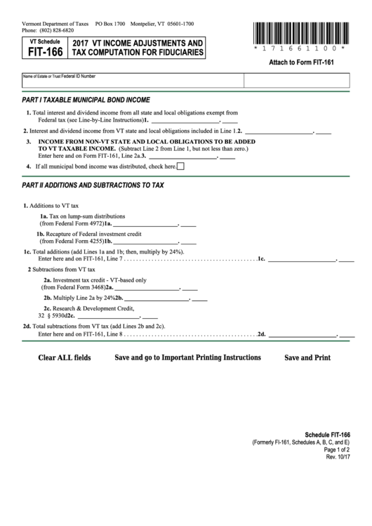 Fillable Vt Schedule Fit-166 - Vt Income Adjustments And Tax Computation For Fiduciaries - 2017 Printable pdf