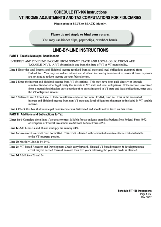Instructions For Schedule Fit-166 - Vt Income Adjustments And Tax Computations For Fiduciaries Printable pdf