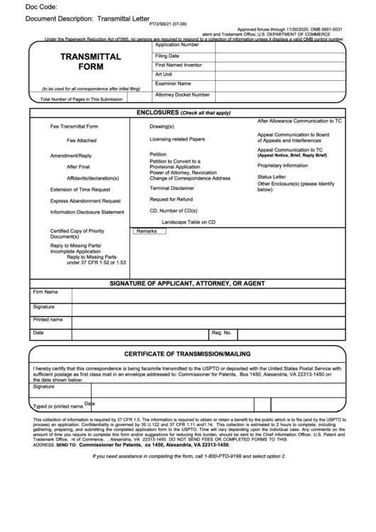Fillable Form Pto/sb/21 - Transmittal Form Printable pdf
