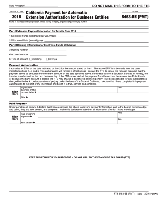 Form 8453-Be (Pmt) - California Payment For Automatic Extension Authorization For Business Entities - 2016 Printable pdf