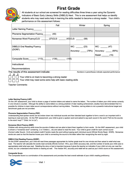Dibels Literacy Skills Assessment Form - First Grade Printable pdf