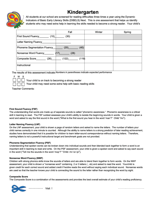 Dibels Literacy Skills Assessment Form - Kindergarten Printable pdf
