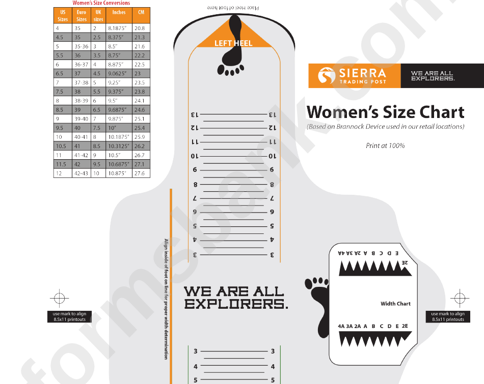 Sierra Women Shoe Size Chart