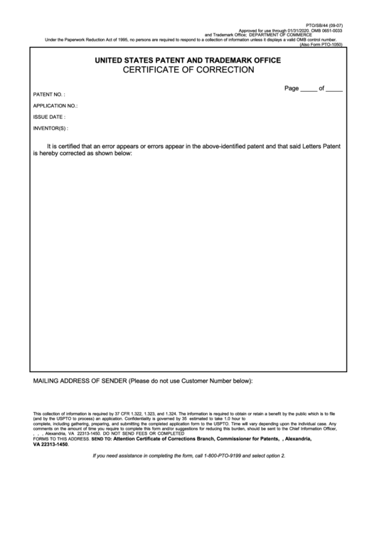 Fillable Form Pto/sb/44 - Certificate Of Correction Printable pdf