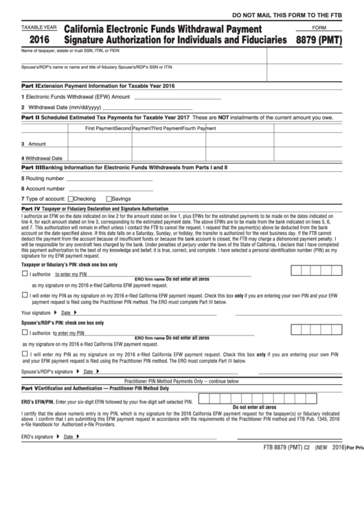 Form 8879 (Pmt) - California Electronic Funds Withdrawal Payment Signature Authorization For Individuals And Fiduciaries - 2016 Printable pdf