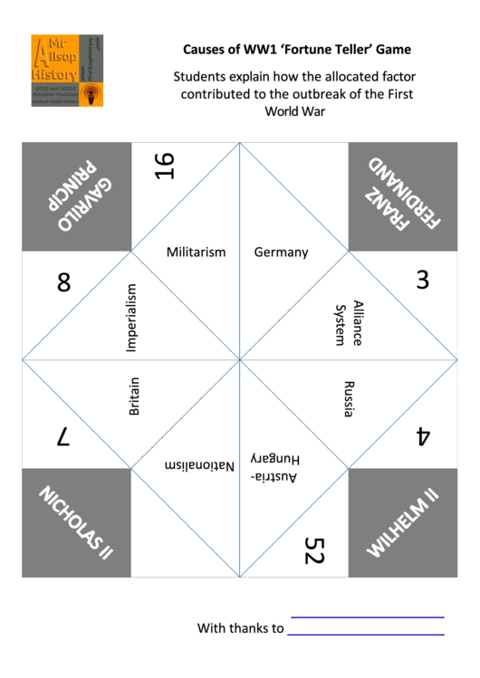 Causes Of Ww1 Fortune Teller Template Printable pdf
