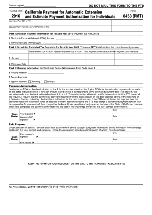 Form 8453 (Pmt) - California Payment For Automatic Extension And Estimate Payment Authorization For Individuals - 2016 Printable pdf