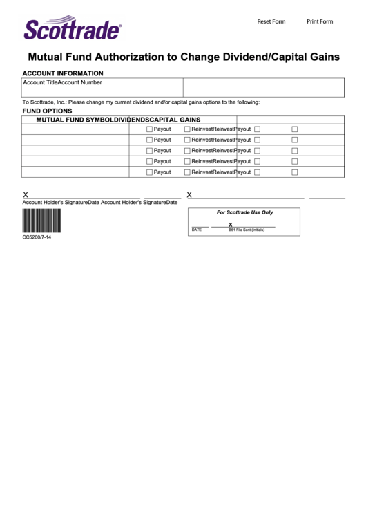 Fillable Form Cc5200 - Mutual Fund Authorization To Change Dividend And/or Capital Gains Printable pdf