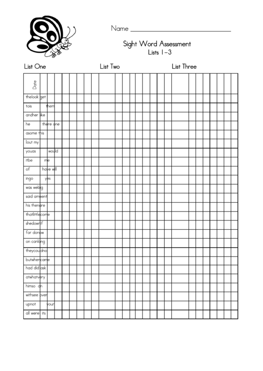 Dolch Sight Word Skills Assessment Form Printable pdf