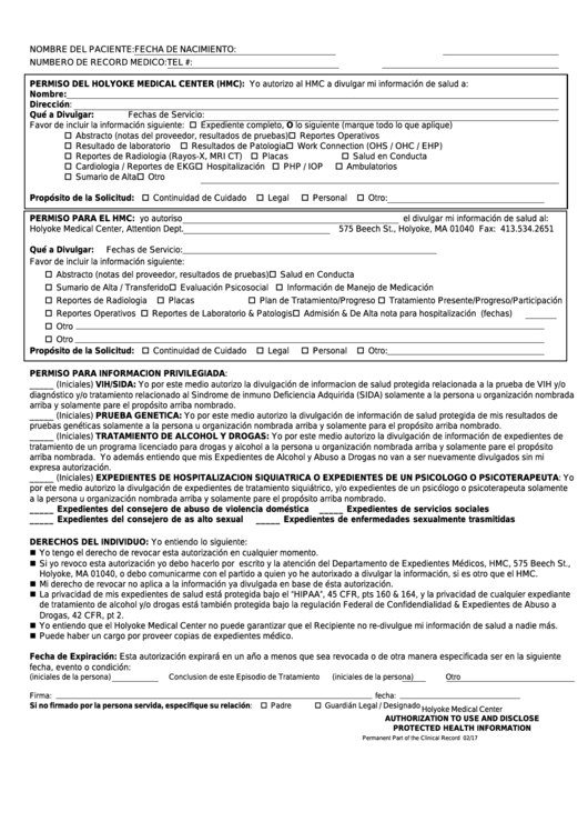 Authorization To Use And Disclose Health Information Form - Spanish Printable pdf