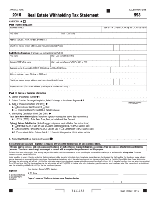California Form 593 - Real Estate Withholding Tax Statement - 2016