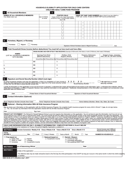 Form Isbe 69-88 - Household Eligibility Application For Child Care Centers Printable pdf