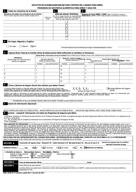 Form Isbe 69-88 - Solicitud De Elegibilidad Familiar Para Centros Del Cuidado Para Ninos - Spanish Printable pdf