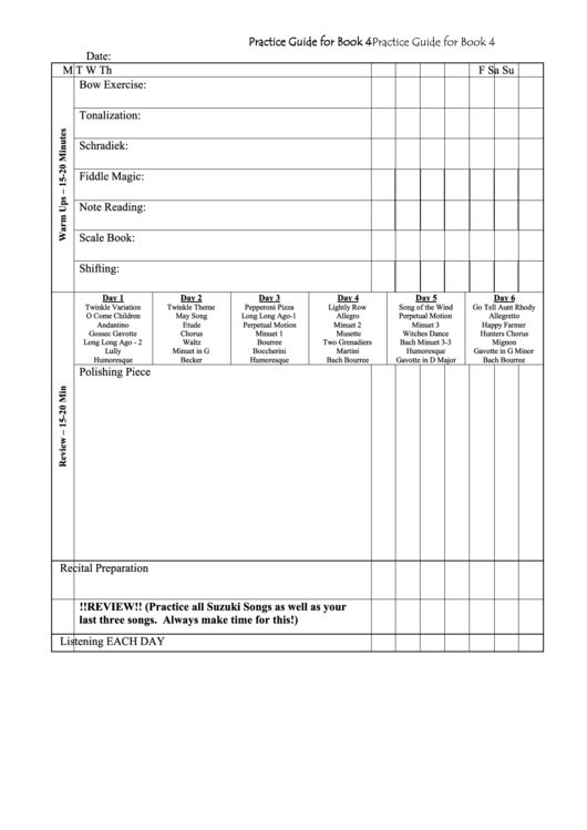 Suzuki Violin Music Practice Log With Guide Printable pdf