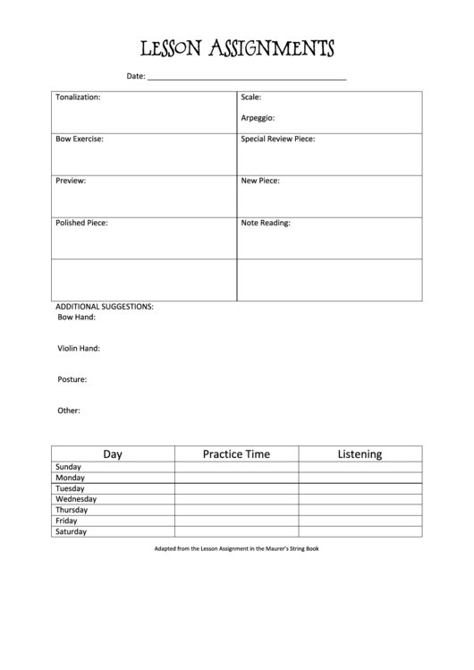 Violin Lesson Assignments With Music Practice Log Printable pdf