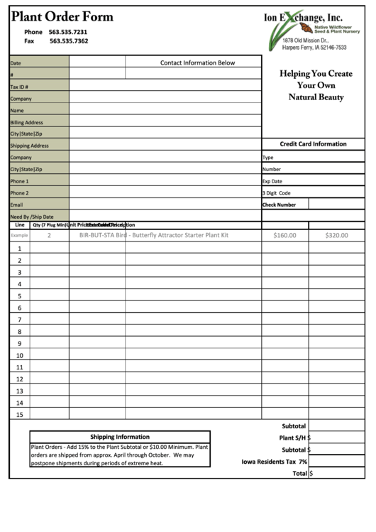 Plant Order Form Printable pdf