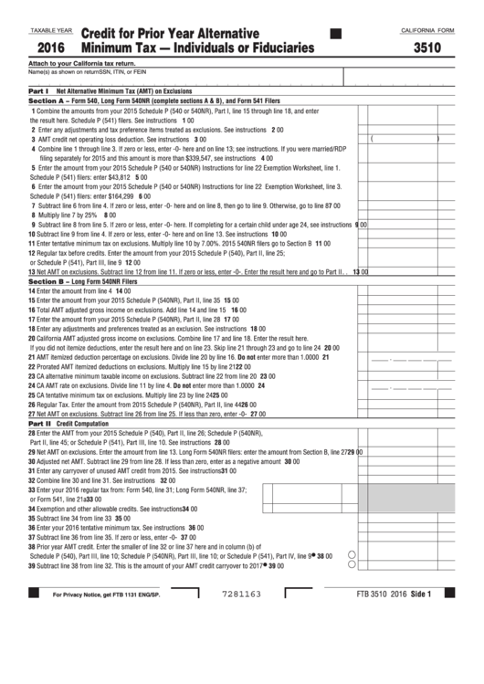 Fillable California Form 3510 - Credit For Prior Year Alternative Minimum Tax - Individuals Or Fiduciaries - 2016 Printable pdf