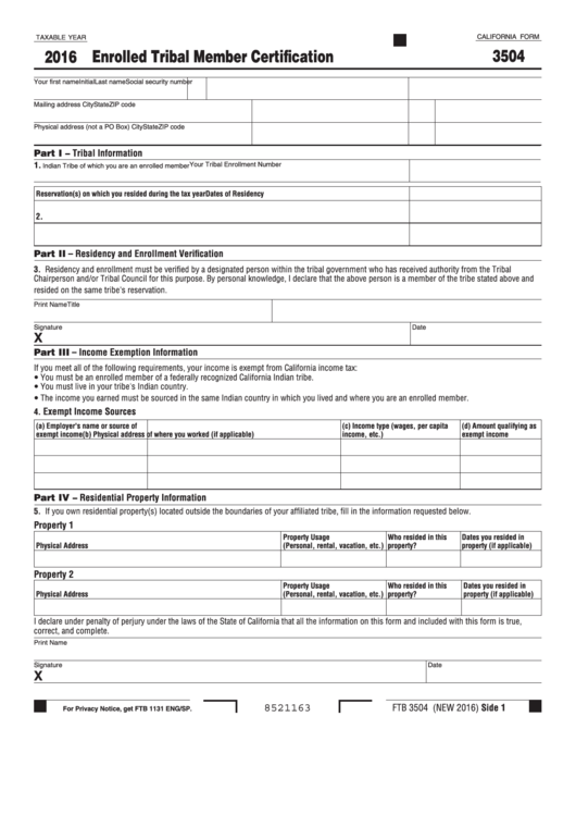 Fillable California Form 3504 - Enrolled Tribal Member Certification - 2016 Printable pdf