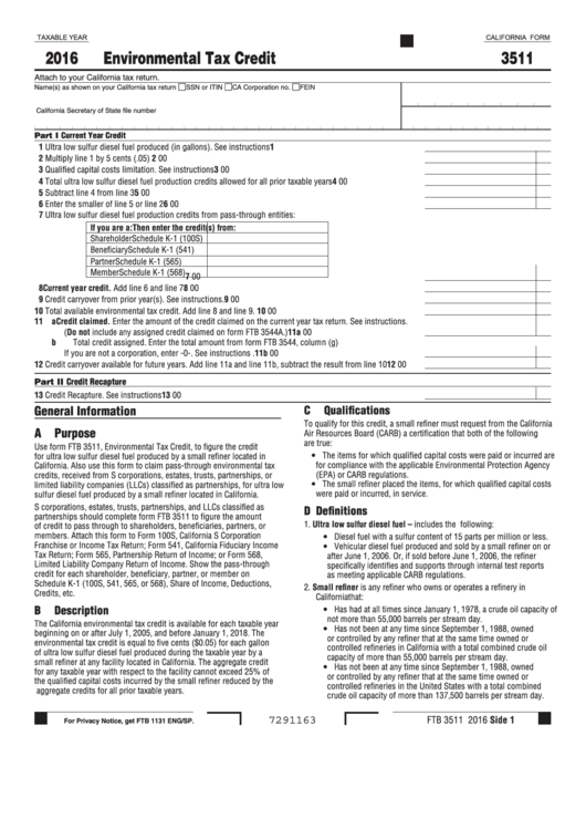 Fillable California Form 3511 - Environmental Tax Credit - 2016 Printable pdf