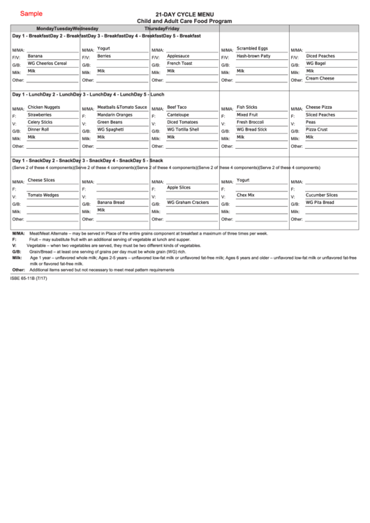 Fillable Form Isbe 65-11b - 21 Day Cycle Menu Printable pdf