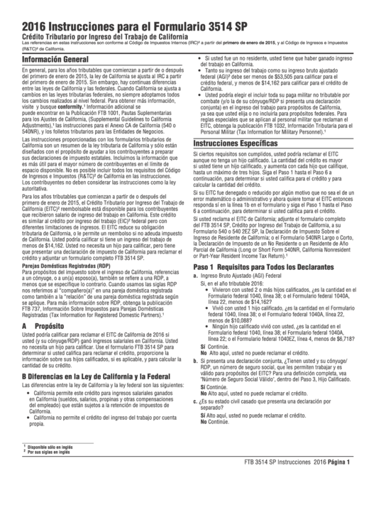 Instrucciones Para El Formulario 3514 Sp - Credito Tributario Por Ingreso Del Trabajo De California - 2016 Printable pdf