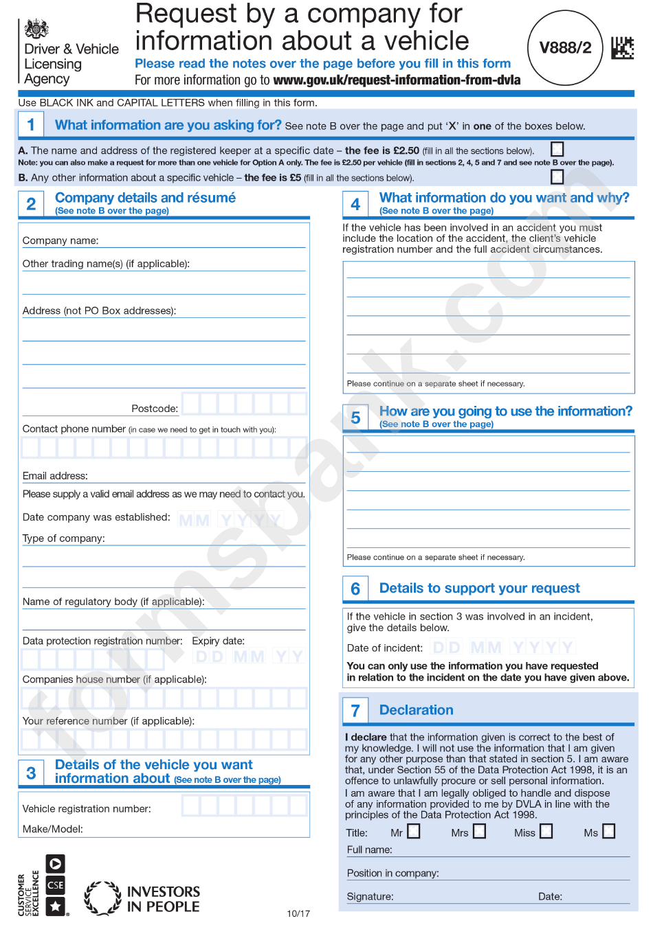 Form V888/2 - Request By A Company For Information About A Vehicle