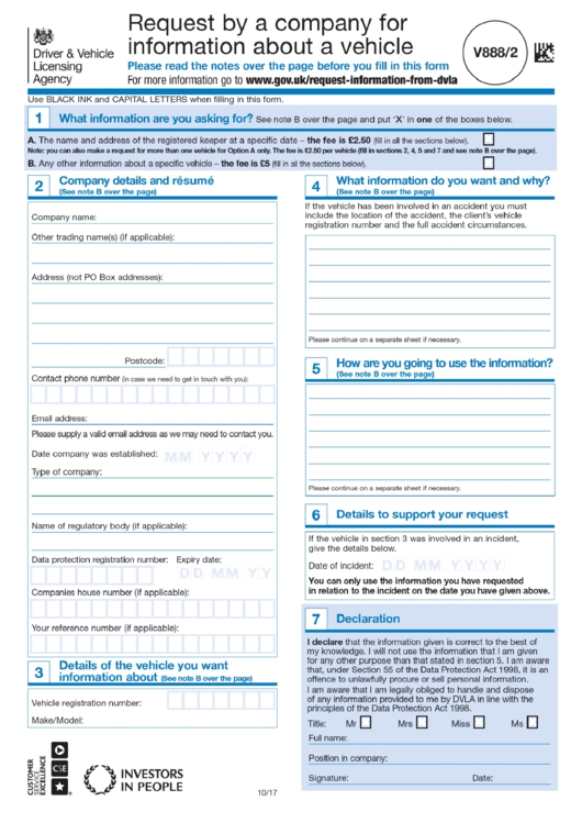 Form V888/2 - Request By A Company For Information About A Vehicle Printable pdf