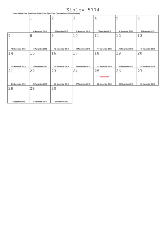 Fillable Kislev 5774 - 2013 Jewish Calendar Template Printable pdf