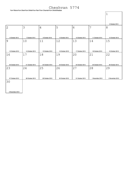 Fillable Cheshvan 5774 - 2013 Jewish Calendar Template Printable pdf