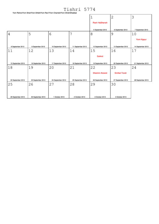 Fillable Tishri 5774 - 2013 Jewish Calendar Template Printable pdf