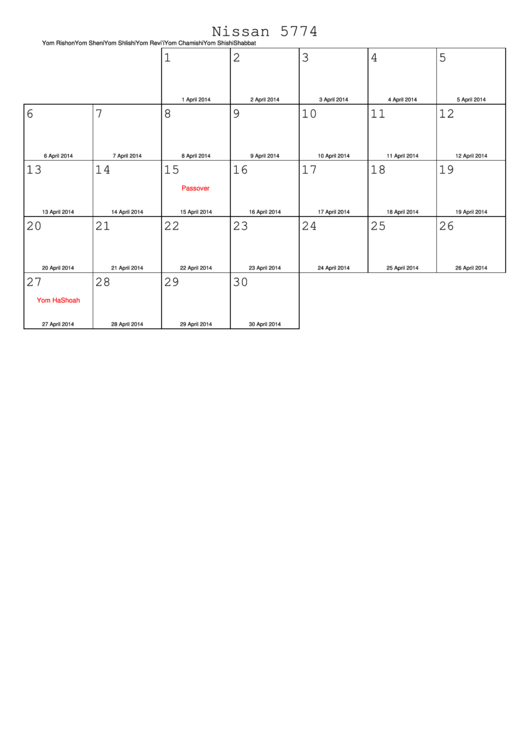 Fillable Nissan 5774 - 2014 Jewish Calendar Template Printable pdf