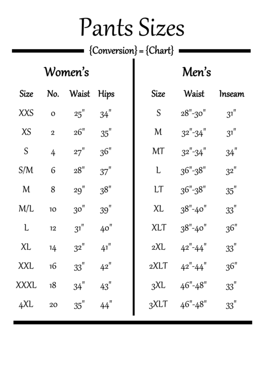 Mens To Womens Pants Size Conversion Chart Printable Pdf Download