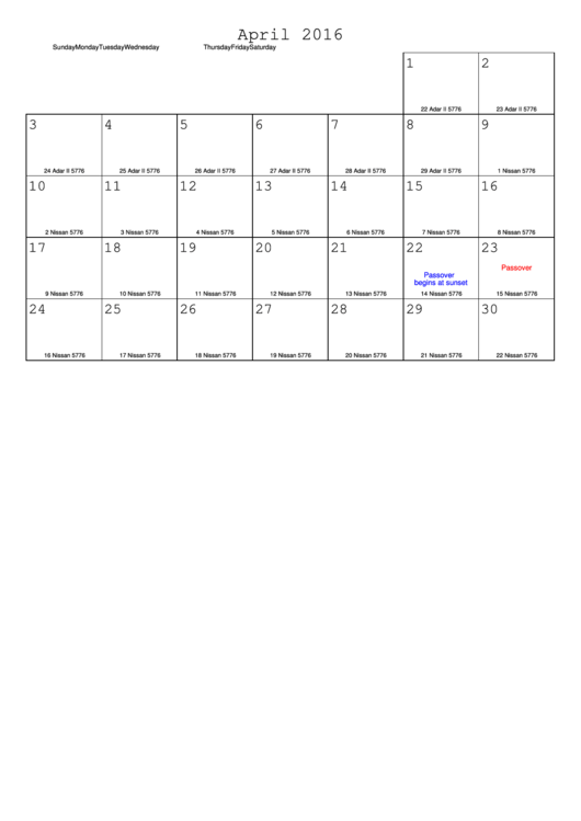 Fillable April 2016 Monthly Calendar Template Printable pdf