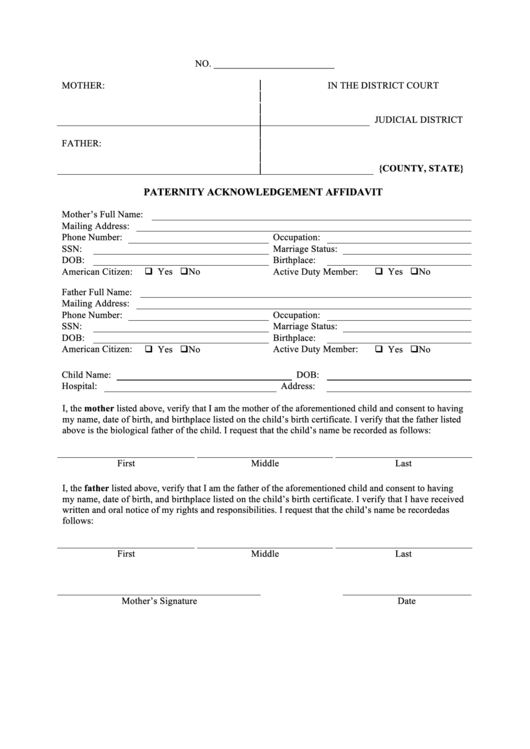 Paternity Acknowledgement Affidavit Printable pdf