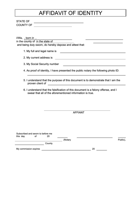 Affidavit Of Identity Printable pdf