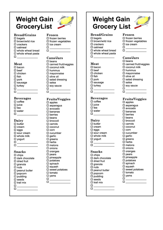 Weight Gain Grocery List Template Printable pdf