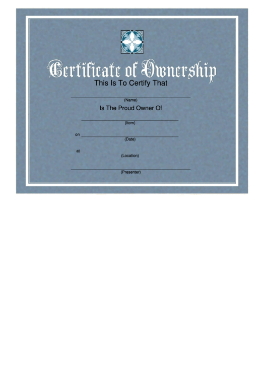 Certificate Of Ownership Template - Blue Printable pdf