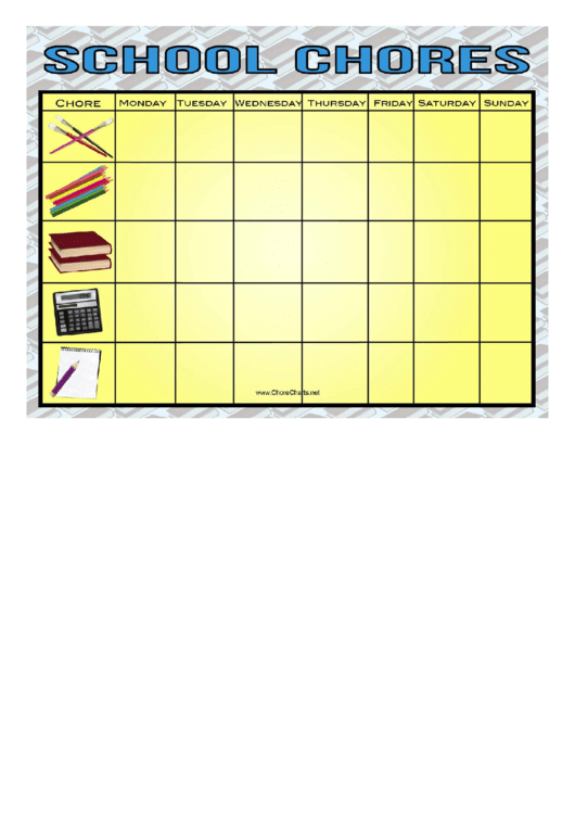 Weekly School Subjects Chore Chart Printable pdf
