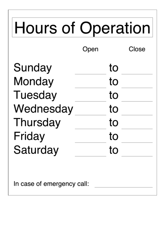 Hours Of Operation Sign Template Printable pdf