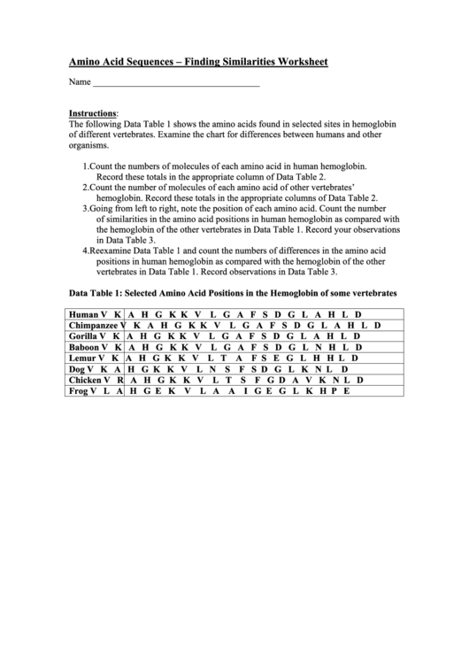 Amino Acid Sequences Worksheet Printable pdf