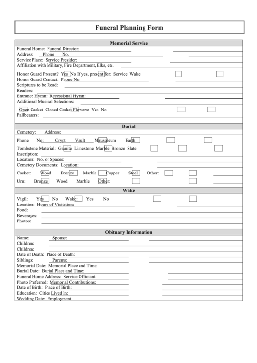 Funeral Planning Form Printable pdf