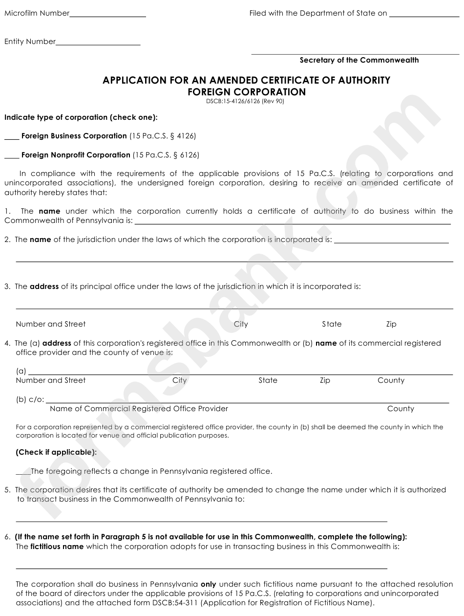 Form Dscb: 15-4126/6126 - Application For An Amended Certificate Of Authority Foreigh Corporation
