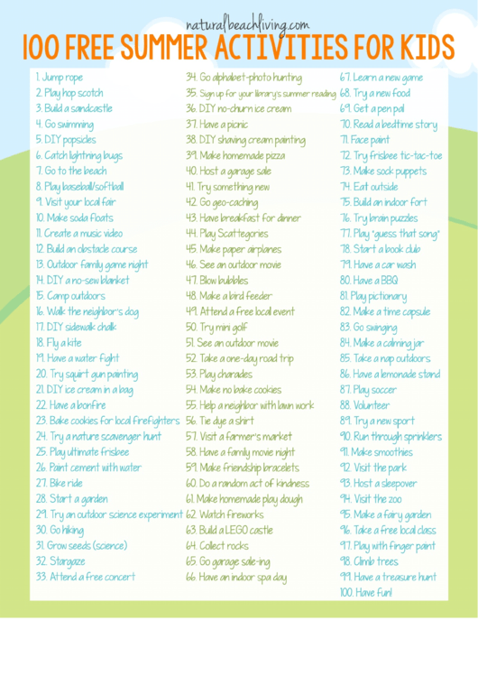 100 Summer Activities For Kids Bucket List Printable pdf