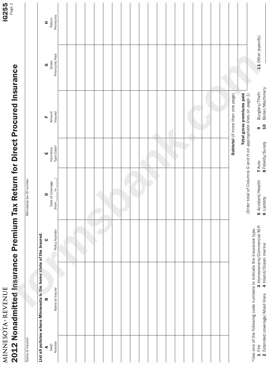 Form Ig255 - Nonadmitted Insurance Premium Tax Return For Direct Procured Insurance - 2012