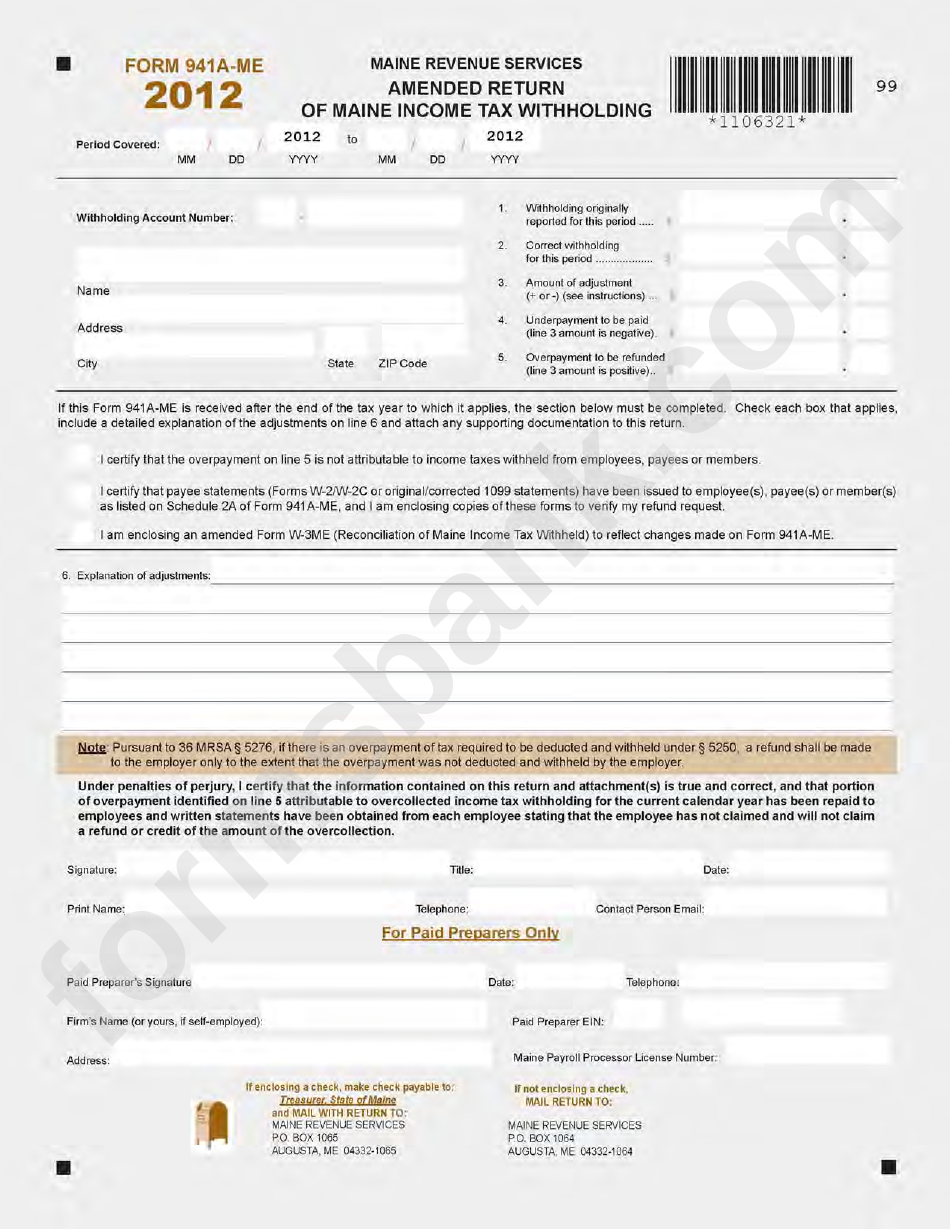 Form 941a-Me - Amended Return Of Maine Income Tax Withholding - 2012