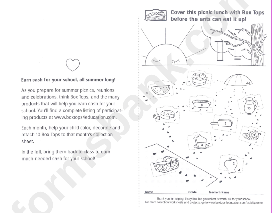 Picnic Lunch Box Top Collection Sheet